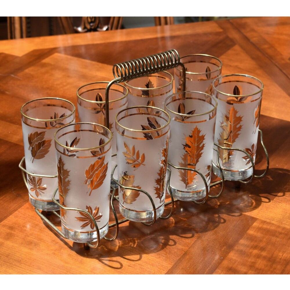 Libbey Golden Foliage 8 Highball Tumblers Set w/ Brass Caddy MCM 1950s-70s USA